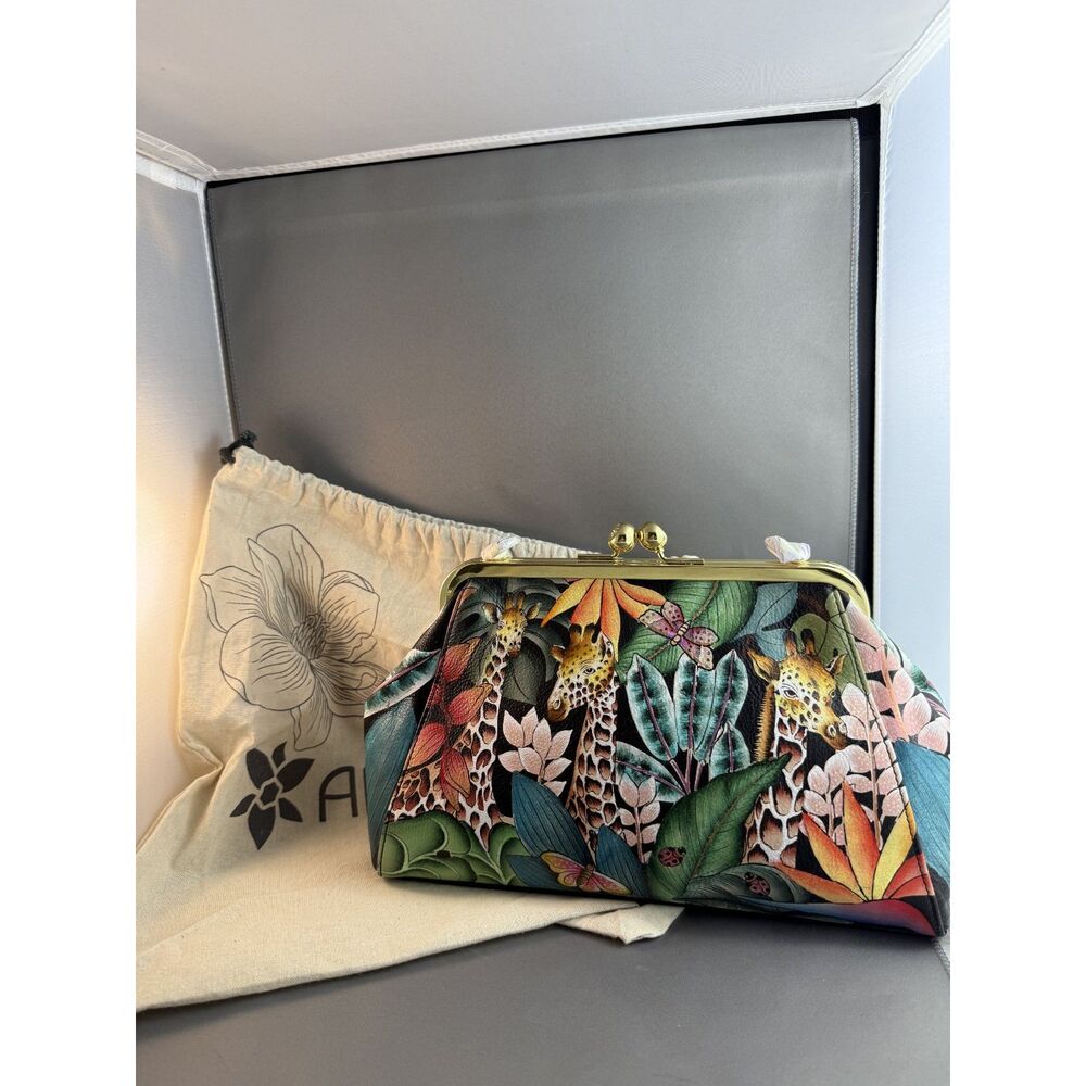 NWT Anuschka Jungle Kiss Lock Handbag Gold Strap– Genuine Hand-Painted Leather - Picture 5 of 6